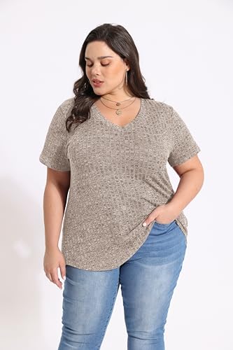 CARCOS Plus Size Tops for Women Short Sleeve Shirts Basic V Neck Summer Tshirts Casual Tunics XL-5XL3