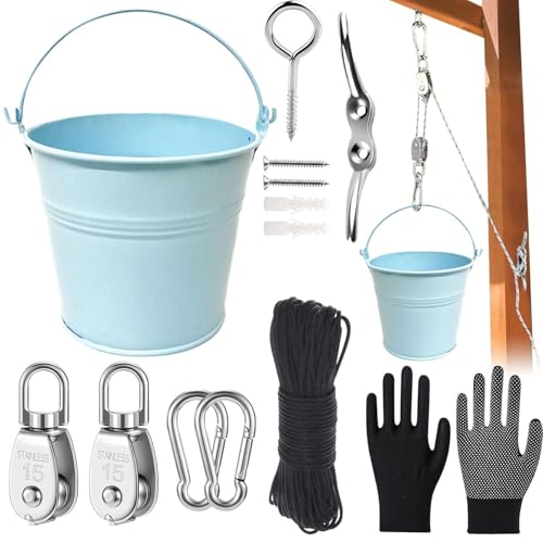 Flaschenzug mit Metalleimer,Zubehör fürs Baumhaus Spielturm,Spielturm Zubeh,ZubehöR Spielhaus Outdoor,Riemenscheibensystem Zubehör,iemenscheibe mit eimerkabel,Gartenspielzeug
