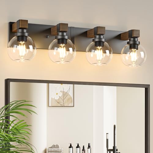 Image of LmnLvn Bathroom Light Fixtures, Farmhouse Wood & Metal with Globe Glass