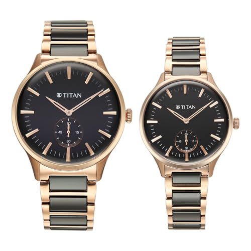 Image of Titan Modern Bandhan Pair Analog with Black Dial Ceramic and Rose Gold Stainless Steel Strap Watch for Couples - 9401394213KD01