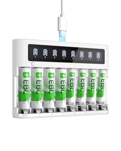 EBL 8 Bay Battery Charger with LCD Screen, Fast Charging for AA AAA Batteries, Includes 4 AA 2800mAh and 4 AAA 1100mAh NiMH Rechargeable Batteries