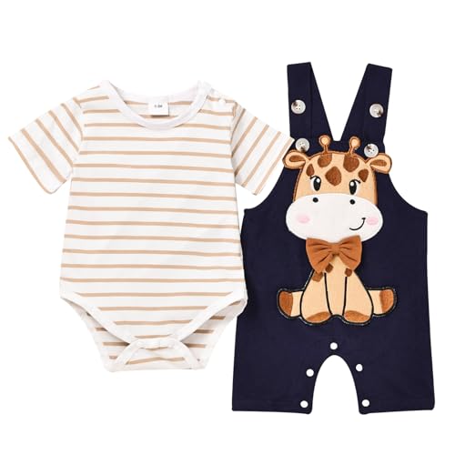 Image of TOKIAGO Baby Boy Clothes Newborn Outfits Stripe Romper Infant Cartoon Overall Adjustable Suspender Pants Set 0-18 Months
