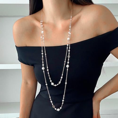 2Pcs Layered Pearl Long Chain Necklace for Women,Fashionable Exquisite Ethnic Beaded Statement Necklace,Bridal Wedding Pearl Jewelry Accessories Gifts2