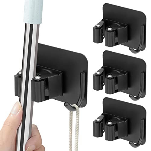 Coolzon Accroche Balai Mural, Porte Balais Mural Sans Percage,Porte-Outils de Jardin, etc, Intérieur et Extérieur,Acier Inoxydable de Haute Qualité Crochet de Vadrouille Indépendant (4 Pièces)Noir