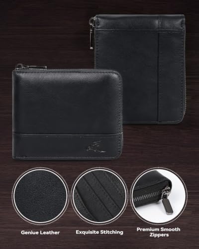 Men's RFID Blocking Genuine Leather Zipper Wallet with 10 Card Slots & 2 ID Windows Bifold Zip Wallets for Men - 4