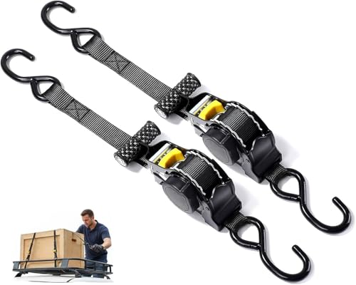 APEXORIGIN 2/4pcPcs Retractable Ratchet Straps, Roof Rack Straps - 680kg Break Strength, 2.5cm x 3.3m Heavy Duty Self Retracting Tie Down Straps for Truck, Tractors, Cargo, Motorcycle (Black 2pcs)