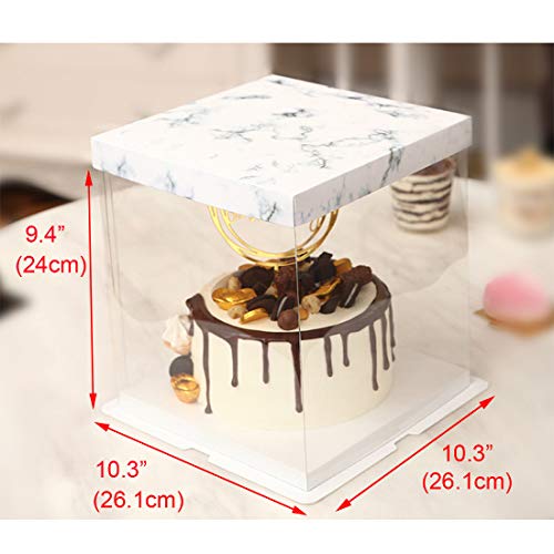 Transparent Cake Box, 2 Pcs Clear Plastic Cake Boxes Bakery Packaging Carriers with Pre-folded Lid Baking Cookie Display Pack Carry Tall Layer Gift Toy Box 9.4" x 10.3" x 10.3" - Marble Print - Thumbnail 2
