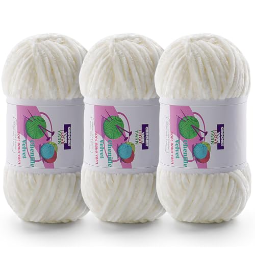Image of Chenille Velvet Yarn for Crocheting, White Fuzzy Fluffy Yarn for Crochet | 3 Pack of 3.5 Oz /131.2 Yds Bulky Thick Chunky Yarn for Crocheting, Soft Amigurumi Yarn for knitting Baby Blankets, Scarves