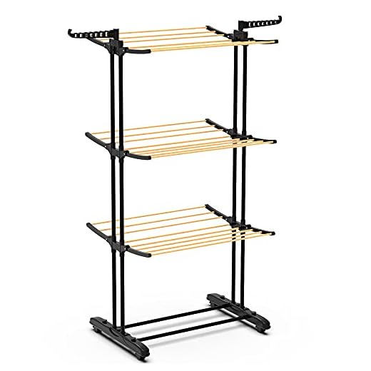 vounot Séchoir à Linge Pliable sur 3 Niveaux avec roulettes Grande Capacité Étendoir en Acier Inxoydable Étendoir Pliable Ailes Latérales pour Usage Intérieur/Extérieur Bois Noir