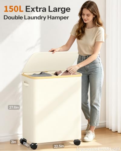 Image of Double Laundry Basket with Wheels and Lid, 150L Clothes Hampers for Laundry