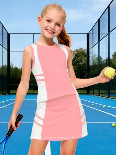 Image of AOBUTE Girls Tennis Golf Outfit Tank Top and Skirt with Shorts Set 4-12 Years