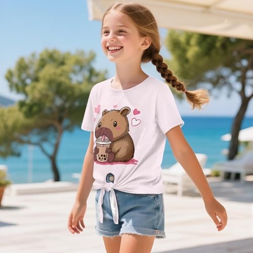 Short Sleeve Tops for Girls 5-12 Back to School Home Casual Sweatshirt Lace Up T-Shirt3