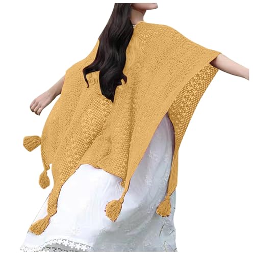 Generisch Elegante poncho de invierno para mujer como moderno con adorno de borlas frontal abierto, en un generoso tamaño envolvente para un estilo informal elegante, amarillo claro, Talla única