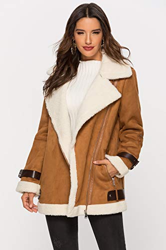 Escalier Women's Winter Lapel Faux Suede Leather Jacket with Sherpa Fleece Lining Camel S - Thumbnail 2