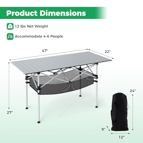 GIANTEX Mesa de Camping Plegable, Mesa Portátil para Picnic con Tapa de Aluminio Enrollable y Canasta de Malla, Mesa Ligera para Exterior con Bolsa de Transporte en Plateado 47"x22"x27" miniatura 3