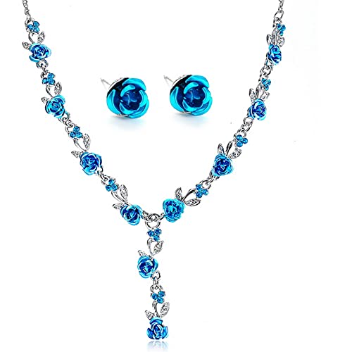 Dishowme Rose Fleur Collier Boucles D'oreilles Ensemble Cristal De Mariée Fleur Pendentif Collier Chaîne Floral Bijoux De Mariage pour Femmes Filles Mariée...