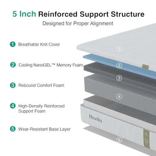 Image of Novilla 5 Inch Twin Size Mattress, Memory Foam Twin Bed, Upgraded Support | Enhanced Stability, Gel Memory Foam for Cooling Night, Pressure Relief, CertiPUR-US Certified