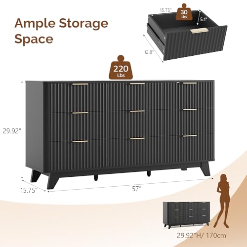 Image of VINGLI Black Dresser 9 Drawer, Fluted Dresser with Rounded Edges, 57 inch Long Modern Dressers for Bedroom, Black and Gold, 57 inch W*15.75 inch D*29.92 inch H