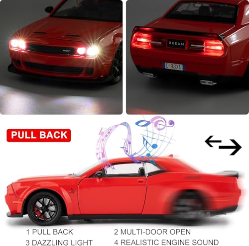 Image of 1 /24 Dodge Challenger Hellcat Model Car, Zinc Alloy Pull Back Toy car with Sound and Light for Kids Boy Girl Gift (Red)