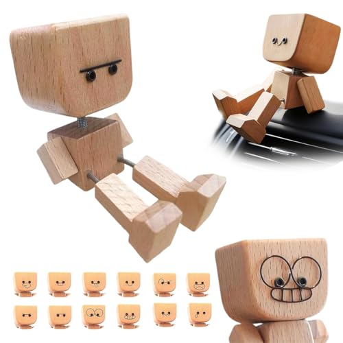 DULZEN Encantadora figura de madera que se balancea con 12 expresiones magnéticas divertida figura de hombre de madera con pies temblorosos adornos de decoración de escritorio para salpicadero coche