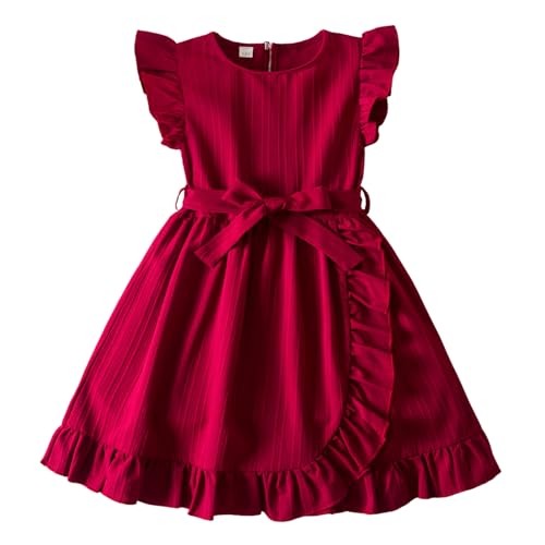 Girls Summer Dresses Short Sleeve Bow Tie Ruffled Waist Party Gown for Casual Outings Lightweight Princess Dress