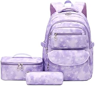 School Backpack Girls, 3pcs with Lunch Bag Pencil Case, Breathable Lightweight School Bag, Teenage Girls for 5 - 9 Grade, 22 Litre Backpack School with USB Charging Port for Travelling, Purple star, Mädchen