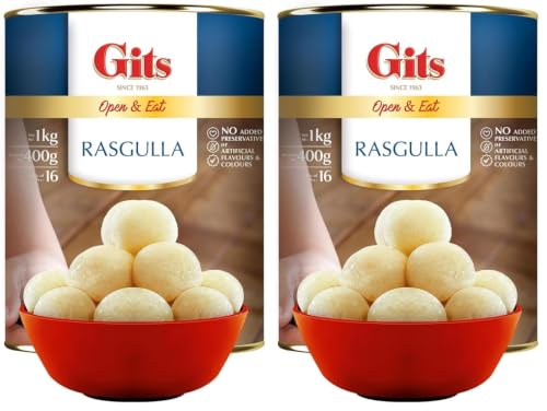 Image of Gits Open & Eat Rasgulla Tin, 16 Pieces per Can, Mouth-Watering Indian Mithai, 1Kg (Pack of 2)