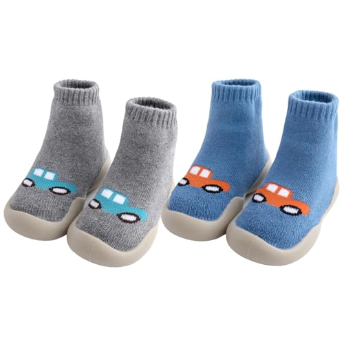FABRST 2 Pairs Baby Warm Thick Sock Shoes Toddler Infant Non Slip Soft Rubber Sole Slippers First Walking Shoes for Baby Boys Girls(Grey Blue Car, 6-12 Months)