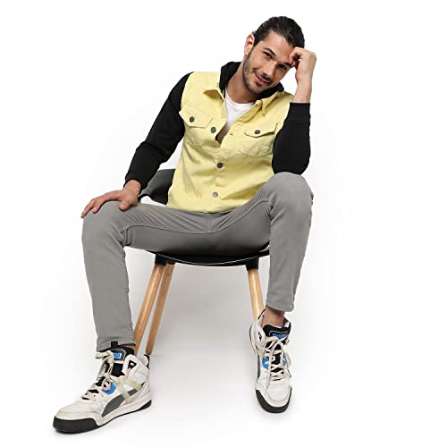 Image of Campus Sutra Men's Light-Washed Yellow & Black Regular Fit Denim Jacket For Winter Wear | Hooded Collar | Full Sleeve | Buttoned | Casual Denim Jacket For Man | Western Stylish Denim Jacket For Men