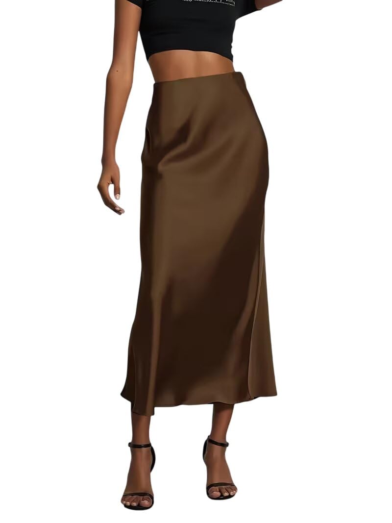 jawdrobe Women's High Waist Satin Skirt A-Line Concealed Side Zipper Skirts for Woman-picture-1