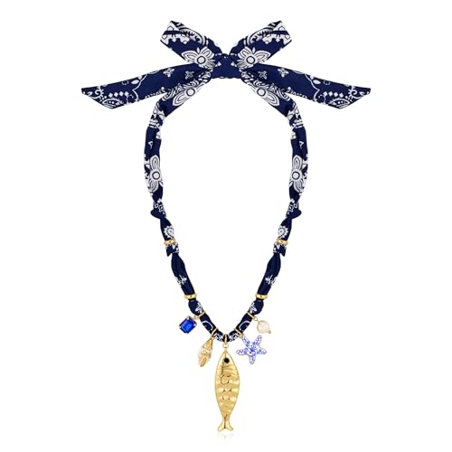 WOWORAMA Blue Scarf Necklace with Gold Fish Pendant for Women by WOWORAMA - Used condition - US$8.51