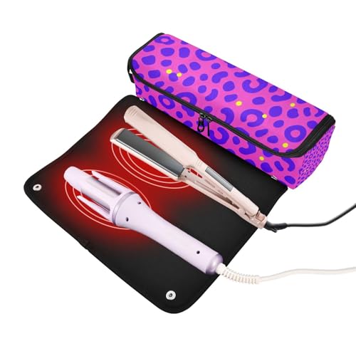Bolso de viaje y tapete resistente al calor para herramientas de cabello, impermeable, para planchas y rizadores, estampado leopardo rosa y púrpura miniatura 2