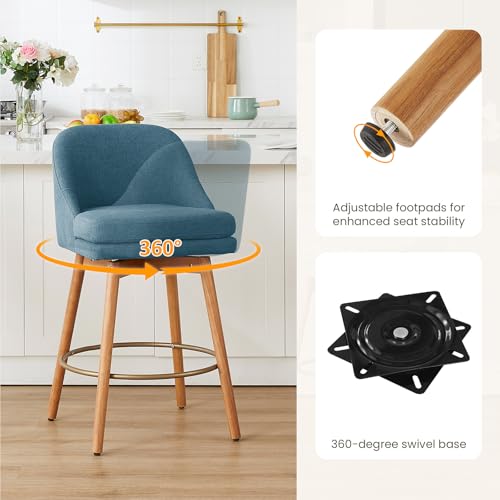 Image of kinmars Modern Bar Stools Set of 2,Swivel Counter Height Bar Stools with Soft Upholstered Back,Thick Seat,Wooden Legs, 27 inch Counter Stools for Kitchen Island (Blue, 2 Pieces - 27 inch Counter Height)