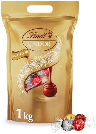 Lindt LINDOR Schokoladen Kugeln Klassische Mischung | ca. 80 Schokoladen Kugeln (Vollmilch, Weiß, Dunkel 60%, Haselnuss) | Großpackung, 1kg