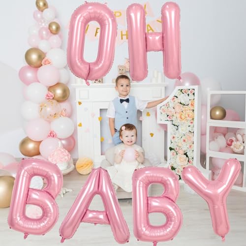 Image of 40 Inch Pastel Pink OH BABY Balloon for Baby Shower, Large Light Pink OH BABY Balloon Letters with Ribbon, Pearl Pink Alphabet Balloons Banner Sign for Girl Birthday Party Backdrop Decorations