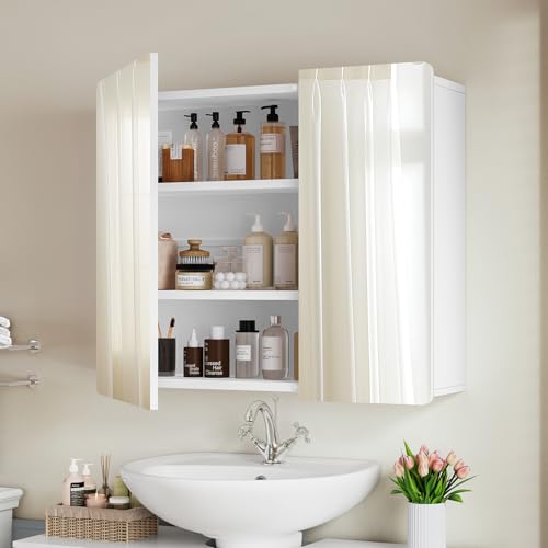 Image of TEENFON Medicine Cabinet Mirror with 2 Doors, Mount or Recessed Bathroom Wall Cabinet, Bathroom Mirror with Storage 3 Adjustable Shelves, White, 27.6 x 22.1 inch