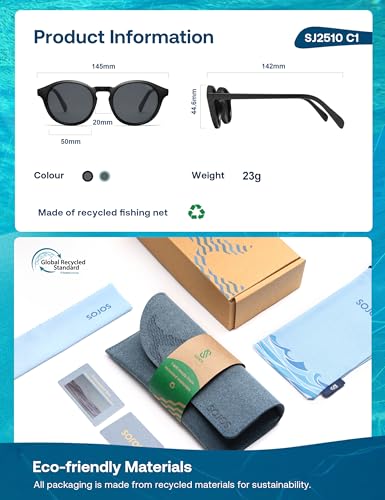 SOJOS Ocean Collection Polarized Retro Round Sunglasses for Women Men Recycled Fishing Net Frame Eco-friendly, Arctic Ocean4