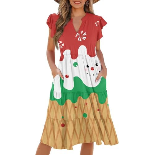 Image of Women's Casual Ruffle Sleeve Dress V Neck Pullover Dress Flowy A-Line Pleated Lightweight Dress with Pockets