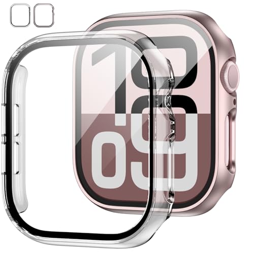 Image of JZK 2 Pack Case with Tempered Glass Screen Protector for Apple Watch Series 11(2025) Series 10 42mm, Slim Guard Bumper Full Coverage Hard PC Ultra-Thin Cover for iWatch 11 /10 42mm,Rose Gold+Clear
