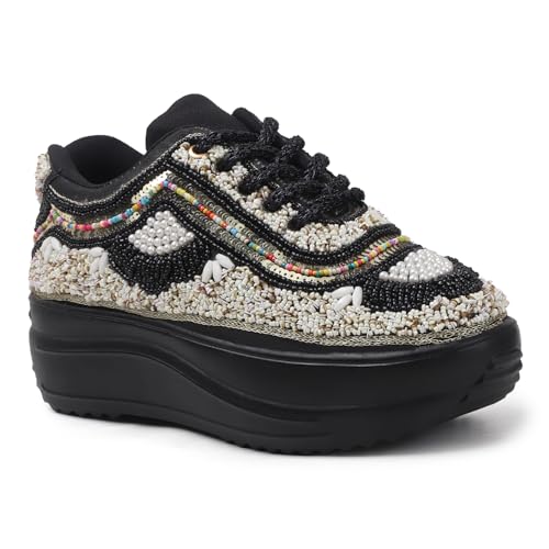 Image of LENSBURY Women Hand Embroidery Wedding Party Bridal Floral High Heel Sneakers I Cushioned Insole I Comfortable Wear Wedge Shoes I for Ladies and Girls LBCNV4037