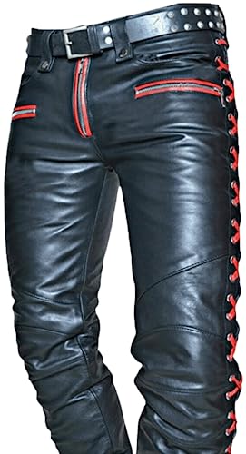 Men's Red Leather Pants Side Laced Up Bikers Jeans Pants | Mens Leather Pants Collection2