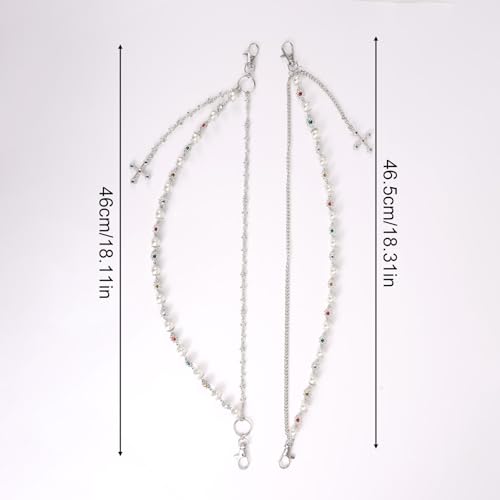 2pcs Fashion Layered Pants Wallet Chains, Imitation Pearl Rhinestone Flower Cross Pendant Chains for Clothing2