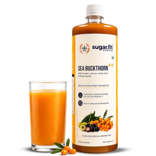 Image of Sugar.fit Himalayan Sea Buckthorn Juice 1000ml | Cold Pressed Seabuckthorn Berry Pulp with 14 Herbs - Amla, Karela, Jamun | Natural Vitamin C, Omega 3 6 7 9 | Immunity, Skin Glow & Gut Health