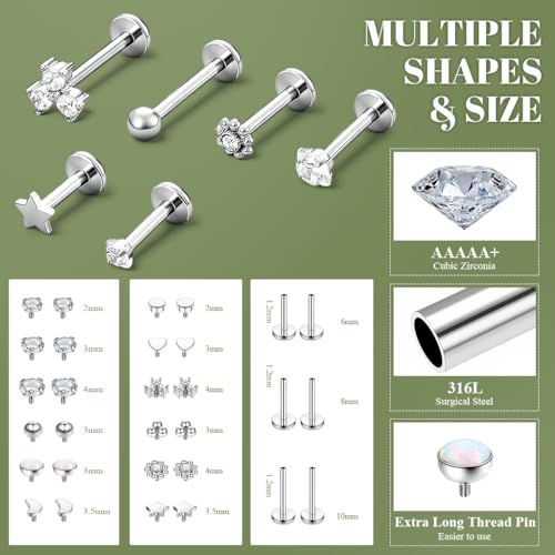 Image of SANNIDHI Earrings Set for Women Hypoallergenic Surgical Steel Internal Thread Stud Piercing Jewelry for Tragus Helix Cartilage Conch Nose Plated Lip Labret Medusa Piercing