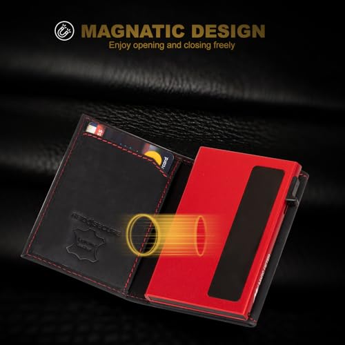 Image of AirTag Wallet - Full Grain Leather, Mens Minimalist Wallet with Apple Air Tag Holder, Slim Smart Pop up Card Case, ID Window, RFID Blocking Wallet for Men and Woman Black /Red