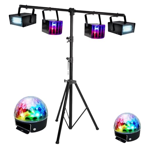 IBIZA SOUND LIGHT - Pack 6 Jeux Lumière avec Support Pied 2,80m - 2 Effets Derby - 2 Strobos - 2 Astro - DJ - Mariage - Fête - Anniversaire - Soirée