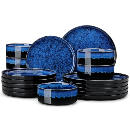 Image of vancasso Plates and Bowls Sets for 6, 18 Pieces Blue Dinnerware Sets for Kitchen, Modern Stoneware Dishes Set, Dishwasher and Microwave Safe, Series Starry