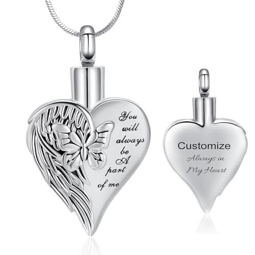 Minicremation Collana da donna con ciondolo a forma di cuore e farfalla, in acciaio inox, con ali e farfalla, gioiello per cremazione con imbuto, regalo commemorativo per donne, Acciaio inossidabile,