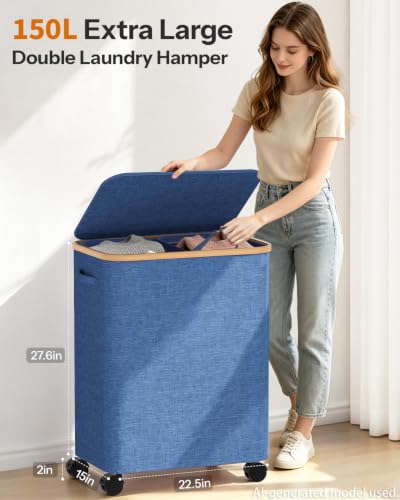 Image of Double Laundry Basket with Wheels and Lid, 150L Clothes Hampers for Laundry