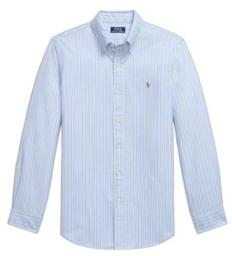 Image of POLO RALPH LAUREN Mens Classic Fit Plaid Oxford Long Sleeve Workshirt (US, Alpha, X-Large, Regular, Regular, Stripe Blue /White)